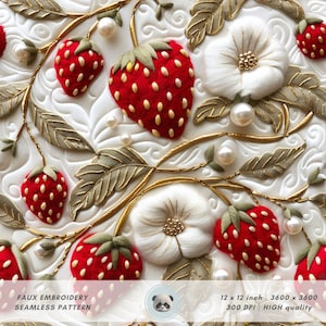 3d Strawberry Seamless Pattern, Strawberries Digital Paper for Fabric Sublimation, Aesthetic Summer Fruits, Gold and Pearls, Surface Design