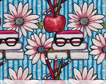 3d Back to School Seamless Pattern, Apple, Crayons and Daisies, Faux Embroidery Book Lovers Fabric Sublimation, Striped Digital Paper Print