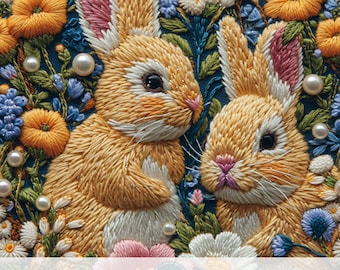 3d Easter Bunny Seamless Pattern, Faux Embroidery Sparkle Fabric Sublimation Design, Fake Pearls, Spring Flower Power,Digital Products Print