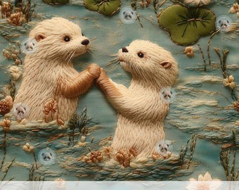 3d niedliches Otter-Paar-nahtloses Muster, gesticktes künstliches digitales Papier, wunderliche Kinderzimmerkunst für Paare Geschenk & Sammelalbum
