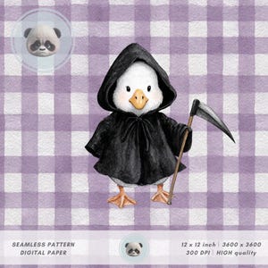 May include: A whimsical illustration of a duckling dressed in a black hooded cloak, holding a miniature scythe. The duckling has a white body, orange feet and beak, and is set against a purple and white checkered background. The image includes text: "SEAMLESS PATTERN DIGITAL PAPER".