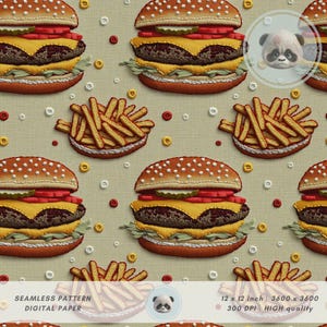 May include: Seamless digital paper featuring a repeating pattern of embroidered burgers and fries on a light beige background. The burgers have sesame seed buns, cheese, tomato, and pickles. The fries are in a red and white container. The image is 12 x 12 inches.