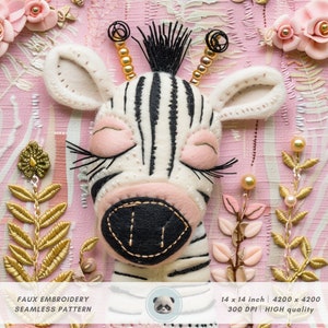 Op de afbeelding: Een wit-zwarte zebra met gesloten ogen, geborduurd met gouden kralen en zwarte draad. De zebra bevindt zich op een roze achtergrond met gouden en roze bloemenborduurwerk.