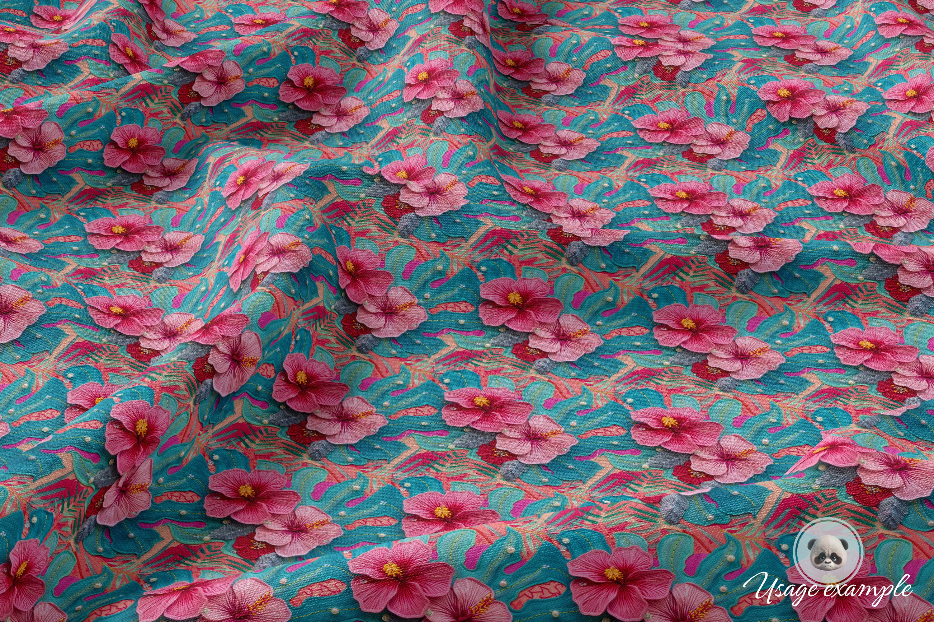 3d Hawaiian Hibiscus Seamless Pattern, Faux Embroidery Exotic