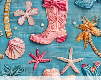 Patrón sin costuras de vaquera costera de verano en 3D, botas de vaquero rosas con bordado falso, diseño de sublimación de rodeo oceánico, papel digital tropical occidental