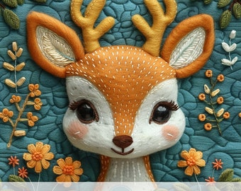3d Cute Baby Reindeer Seamless Pattern, Faux Embroidery for Fabric Sublimation, Woodland Animals, Floral Background, Surface Design, Deer
