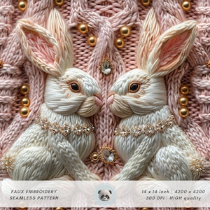 May include: A faux embroidery seamless pattern featuring two white rabbits with pink-lined ears, adorned with gold and crystal embellishments. The rabbits are set against a textured pink background with gold beads. The image text reads "FAUX EMBROIDERY SEAMLESS PATTERN" and "14 x 14 inch".