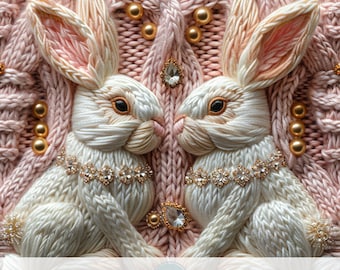 3d Bunny with Gemstones and Pearls Seamless Pattern, Faux Embroidery Wool Knitted Fabric Sublimation, Jewelry Rabbit, Digital Paper Print