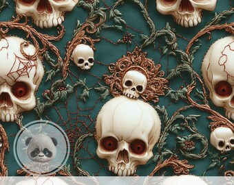 3d Gothic Skull Baroque Seamless Pattern, Embroidered Effect Victorian Digital Paper for Dark Academia Crafts & Spooky Scrapbook