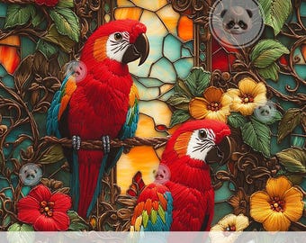 3d Stained Glass Parrot Seamless Pattern, Faux Embroidered Tropical Digital Paper for Maximalist Decor & Summer Fabric Craft, Exotic Bird