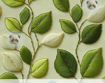 Patrón sin costuras de hojas verdes en 3D, bordado falso para sublimación de tela de primavera, impresión botánica natural, papel digital estético Cottagecore