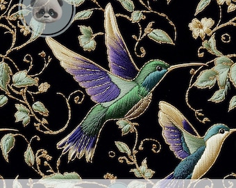 Könnte beinhalten: Nahtloses digitales Papier mit schwarzem Hintergrund, das gestickte Kolibris im Flug zeigt. Die Vögel haben grüne, blaue und violette Federn mit goldenen Akzenten. Das Design umfasst goldene Weinreben und Blätter. Das Papier misst 30.48 x 30.48 cm.