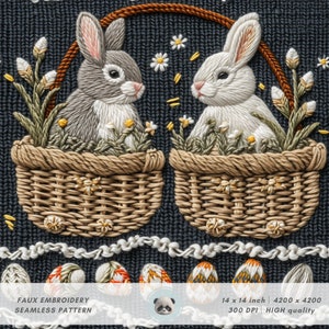 May include: A seamless pattern featuring two embroidered bunnies sitting in baskets filled with flowers. The bunnies are white and gray, and the baskets are brown. The background is a dark blue knit fabric. The pattern is 14 inches by 14 inches and is 4200 pixels by 4200 pixels.