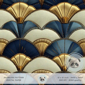 May include: A seamless digital paper pattern with a repeating fan design in gold, navy blue, and cream. The fans are stitched together with gold thread, creating a textured, art deco style. The paper is 30.48 x 30.48 cm and has a high resolution of 3600 x 3600 pixels.