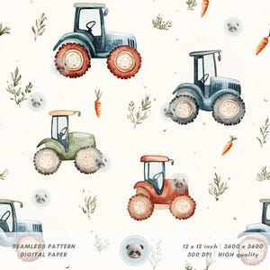 Könnte beinhalten: Ein nahtloses Muster mit Aquarell-Illustrationen von Traktoren in verschiedenen Farben, darunter Blau, Grün und Rot. Die Traktoren haben schwarze Räder und sind von kleinen grünen Blättern und orangefarbenen Karotten umgeben. Das Muster ist perfekt, um ein fantasievolles und verspieltes Design für Kinderprodukte zu erstellen.