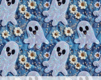 Fantasma floral iridiscente en 3D, patrón sin costuras de Halloween con bordado falso, bonito papel digital opalescente, manualidades fantasmales con diario basura, arte otoñal