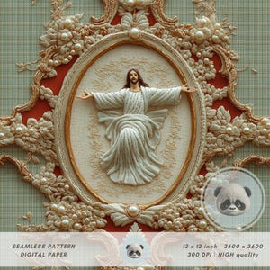 May include: An ornate, cream-colored religious image featuring a central figure with outstretched arms, framed within an oval and surrounded by intricate floral and pearl embellishments. The background is a textured, light green and red pattern. The image is labeled as a seamless digital paper.
