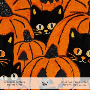 以下が含まれることがあります： 黒猫とオレンジ色のカボチャにグリッターのアクセントが施されたシームレスなパターンデジタルペーパー。パターンは12インチ×12インチ、3600ピクセル×3600ピクセル。300 DPIで高品質です。