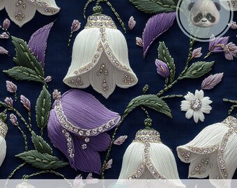 3d Jeweled Bell Flower Seamless Pattern, Embroidered Texture Floral Digital Paper for Anniversary Decor, Elkegant Crafts & Fantasy Journals
