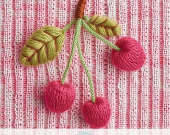 3d Cherry Seamless Pattern, Faux Embroidery Knitted Fabric Sublimation Design, Wool Knit Fruit, Minimalistic Design, Pink Background