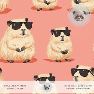 May include: Seamless digital paper featuring a repeating pattern of cartoon capybaras wearing sunglasses on a coral background. The capybaras are light brown with dark gray paws and sunglasses. The text "SEAMLESS PATTERN DIGITAL PAPER" is at the bottom.