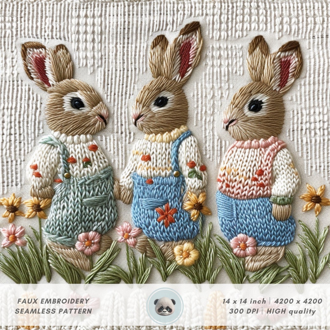 3d Easter Bunny Trio Seamless Pattern, Faux Embroidery Knit Fabric ...