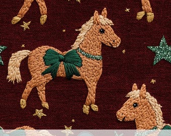 3d Coquette Christmas Horse Seamless Pattern, Glitter Stars Textured Background, Cute Farm Animals Print, Xmas Fabric Sublimation Design