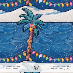 Könnte beinhalten: Nahtloses digitales Papier mit tropischem Weihnachtsmotiv. Eine Palme ist mit bunten Lichtern geschmückt, vor einem blauen Ozean und schneebedeckten Hintergrund. Das Bild enthält den Text "SEAMLESS PATTERN DIGITAL PAPER" und die Maße 30,48 x 30,48 cm.
