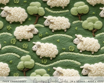 3d Sheep on Meadow Seamless Pattern, Faux Embroidery Wool Felt Knitted Fabric, Greenery Digital Backdrop, Spring Nature Landscape Printable