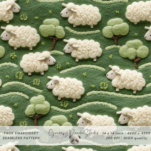 3d Sheep on Meadow Seamless Pattern, Faux Embroidery Wool Felt Knitted Fabric, Greenery Digital Backdrop, Spring Nature Landscape Printable