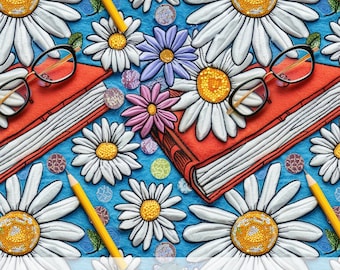 3d Books and Daisy Flower, Faux Embroidery Fabric Sublimation, Bookish Digital Paper, Reading Book Lovers Gift, Scrapbooking Junk Journal