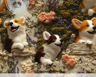 3d Cottagecore Corgi Seamless Pattern, Faux Embroidery Floral Dog Digital Paper, Whimsical Pet Craft Supply, Dog Mama Tumbler Sublimation