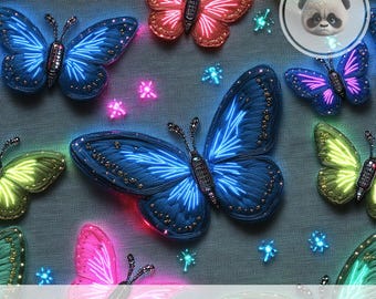 3d Y2K Neon Butterfly Seamless Pattern, Faux Embroidered Glow Digital Paper, Gamer Girl Tumbler Wrap Sublimation Design, Maximalist File