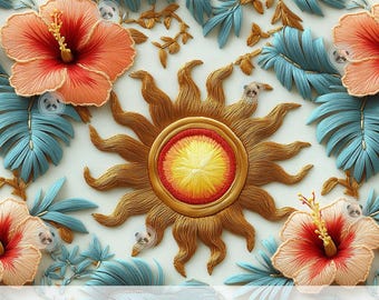 3d Boho Sun Seamless Pattern, Embroidered Texture Hibiscus Digital Paper, Tropical Celestial Fabric for Sublimation, Scrapbook & Journals