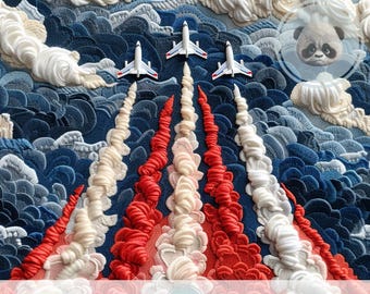 3D 独立記念日空軍シームレスパターン、フェイク刺繍のアメリカ愛国的ファブリックデザイン、アメリカデジタルペーパー、空の背景