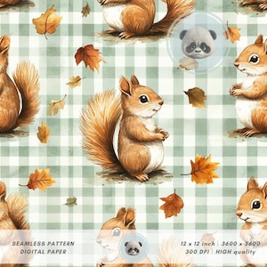 Watercolor Squirrel Green Gingham Seamless Pattern, Fall Digital Paper, Woodland Nursery Decor, Cottagecore Thanksgiving, Forest Animals