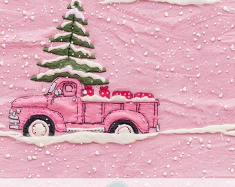 3d Pink Christmas Truck Seamless Pattern, Snowy Christmas Tree, Winter Landscape, Girly Digital Paper, Xmas Scrapbook, Holiday Printables