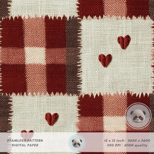 Può includere: Un motivo di carta digitale senza cuciture con un design patchwork. Presenta quadrati a quadri rossi e crema, ciascuno con un bordo cucito. Alcuni quadrati hanno cuori rossi ricamati. Il testo "SEAMLESS PATTERN DIGITAL PAPER" è visibile.