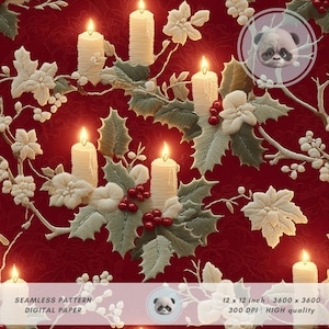 May include: Seamless digital paper with a festive Christmas theme. The design features lit candles, holly leaves, white flowers, and red berries on a textured red background. The text at the bottom reads "12 x 12 inch 3600 x 3600 300 DPI HIGH quality".
