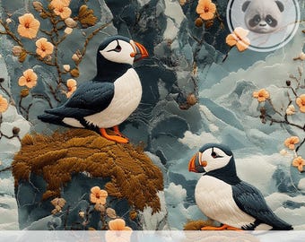 3d Coastal Puffin Bird Seamless Pattern, Embroidered Texture Digital Paper, Moody Folk Art Fabric for Sublimation, Scrapbook & Journals