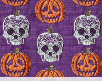 Caveira de renda 3D com bordado falso e padrão de abóbora sem costura, papel digital de abóbora assustadora, design de superfície de Halloween, artesanato vintage de outono