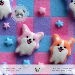 Puede incluir: Un diseño de papel digital sin costuras con formas de perro corgi de fieltro y estrellas en rosa, naranja, blanco y azul. El fondo es un patrón de cuadros rosa, morado y azul. El diseño mide 30,48 x 30,48 cm y 3600 x 3600 píxeles.