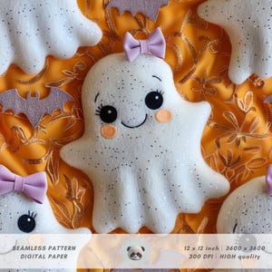 May include: A digital paper seamless pattern featuring a white ghost with glitter, a pink bow, and black eyes. The ghost is on a gold background with a floral pattern. The text "SEAMLESS PATTERN DIGITAL PAPER" is at the bottom of the image. The text "12 x 12 inch 3600 x 3600 300 DPI HIGH quality" is at the bottom of the image.
