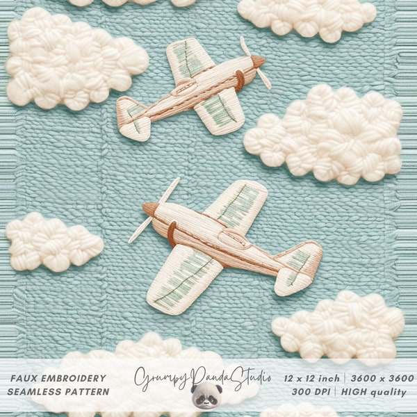 3d Airplane Seamless Pattern, Faux Embroidery Pastel Knit Fabric Design, Travel In The Clouds, Baby Boy Digital Paper, Cute Aviation Prints