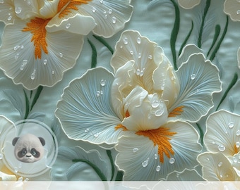 3d White Iris Embroidered Texture Seamless Pattern, Floral Dew Drop Digital Paper for Elegant Romantic Wedding Crafts & Scrapbooking