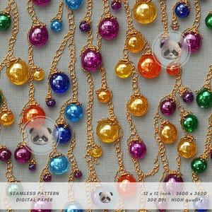 May include: A seamless pattern digital paper featuring a repeating design of colorful glass beads on a gold chain. The beads are in various colors, including red, orange, yellow, green, blue, purple, and pink.