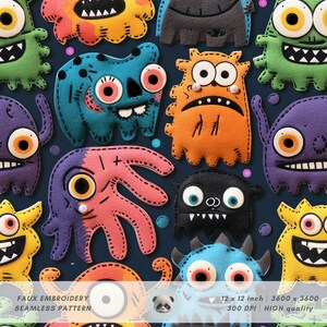 3D-söta monster, sömlösa broderimönster i konstfilt, färgglad monsterklotterstil, pojke-t-shirtdesign, sublimeringspresenter, digitalt papper