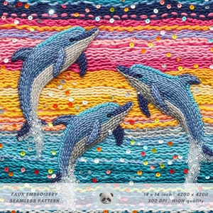 3D Delfin Familie Musterdesign, Faux Glitter Pailletten, Faux Knit Stickerei Digitales Papier für Stoff Sublimation, Sommer Scrapbooking