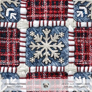 May include: A seamless digital paper pattern featuring a patchwork design with red, white, and blue plaid, denim, and snowflake motifs. The pattern is 12 inches by 12 inches and 3600 pixels by 3600 pixels.