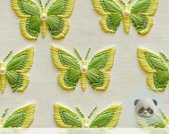3d Grandmillennial Chartreuse Butterfly Digital Paper, Embroidered Texture Green Insect Seamless Pattern for Preppy Decor & Scrapbook